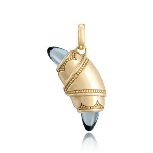 Tacori FN948LBTFY 14 Karat Yellow Gold, angled close view of the beaded crescent cookie charm with blue cabochon tips and open bail