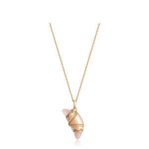Tacori FN948LPAFPK18 14 Karat Rose Gold, angled view of the beaded crescent cookie pendant with pale pink cabochon tips on a cable chain