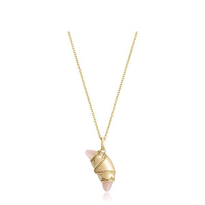 Tacori FN948LPAFY18 14 Karat Yellow Gold, angled view of the beaded crescent cookie pendant with pale pink cabochon tips on a cable chain