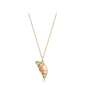 Tacori FN948PERFPK18 14 Karat Rose Gold, angled view of the beaded crescent cookie pendant with olive green cabochon tips on a cable chain