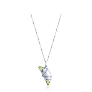 Tacori FN948PERFW18 14 Karat White Gold, angled view of the beaded crescent cookie pendant with olive green cabochon tips on a cable chain