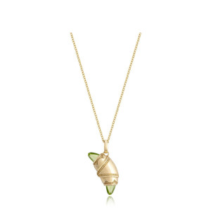 Tacori FN948PERFY18 14 Karat Yellow Gold, angled view of the beaded crescent cookie pendant with olive green cabochon tips on a cable chain