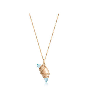 Tacori FN948SWTFPK18 14 Karat Rose Gold, angled view of the beaded crescent cookie pendant with sky blue cabochon tips on a cable chain