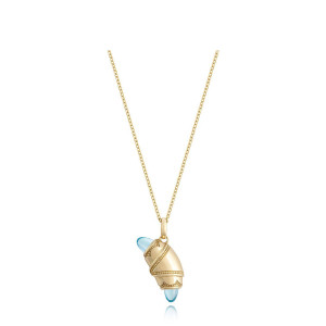 Tacori FN948SWTFY18 14 Karat Yellow Gold, angled view of the beaded crescent cookie pendant with sky blue cabochon tips on a cable chain