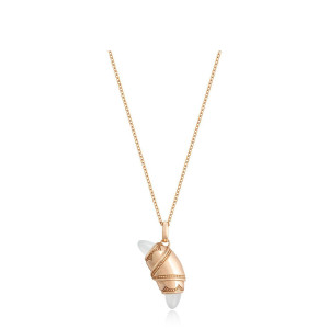 Tacori FN948WMFPK18 14 Karat Rose Gold, angled view of the beaded crescent cookie pendant with milky white cabochon tips on a cable chain