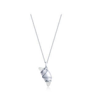 Tacori FN948WMFW18 14 Karat White Gold, angled view of the beaded crescent cookie pendant with milky white cabochon tips on a cable chain