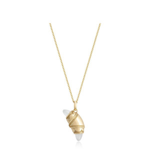 Tacori FN948WMFY18 14 Karat Yellow Gold, angled view of the beaded crescent cookie pendant with milky white cabochon tips on a cable chain
