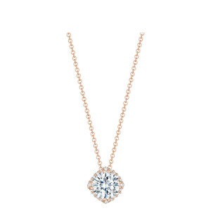 Tacori FP64365LDPK 18 Karat Rose Gold, front view of the round center stone framed by a cushion shaped pave halo on a cable chain