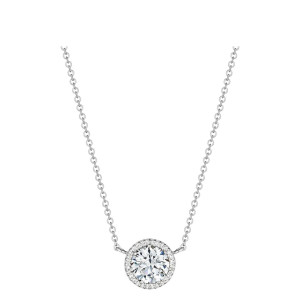 Tacori FP67065NDPLT Platinum, front view of the round halo pendant with a round center on a cable chain