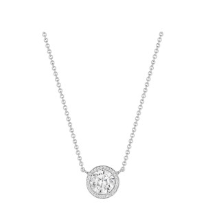 Tacori FP67075LD 18 Karat White Gold, front view of the round pave halo pendant centered on a fine cable chain