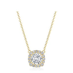 Tacori FP803CU65LDY 18 Karat Yellow Gold, front view of the yellow gold cushion halo pendant on a rolo chain