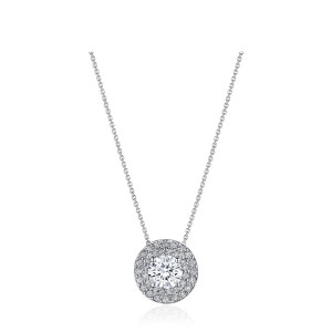 Tacori FP810RD65ND 18 Karat White Gold, front view of the double halo pendant with a prong-set round center stone