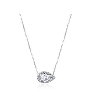Tacori FP811ERDPS5LD 18 Karat White Gold, front view of the sideways pear-shaped halo pendant with a prong-set round center