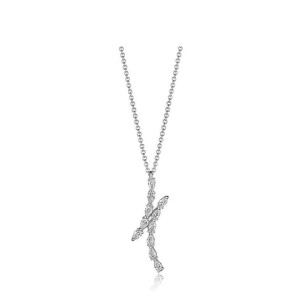 Tacori FP829FW 14 Karat White Gold, front view of the crossed diamond spray pendant with prong set pear and marquise stones