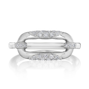 Tacori FR840 18 Karat White Gold, top view of the open link motif with pave set diamond bars across a brushed oval frame