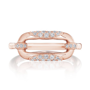Tacori FR840PK 18 Karat Rose Gold, top view of the open link motif with pave set diamond bars across a brushed rose frame