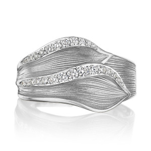 Tacori FR906 18 Karat White Gold, front view of the wide double petal band with textured folds and curved pave diamond rows