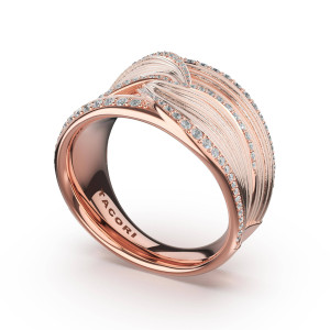 Tacori FR917FPK 14 Karat Rose Gold, angled view of the sculpted double petal band with wrapped strand texture and pave lines