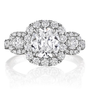 Henri Daussi ACMB Cushion Halo Three Stone Diamond Engagement Ring