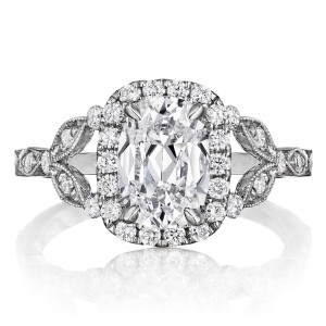 Henri Daussi AGCS Cushion Halo Floral Inspired Antique Diamond Engagement Ring