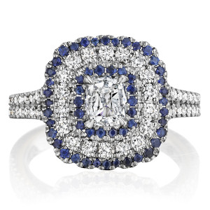 Henri Daussi ANC Triple Cushion Halo Diamond & Sapphire Engagement Ring