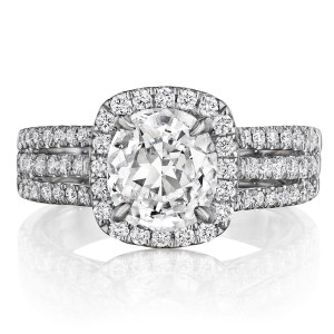 Henri Daussi ATR Cushion Halo Triple Shank Diamond Engagement Ring