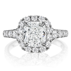 Henri Daussi AV Cushion Halo Graduated Accent Diamonds Engagement Ring