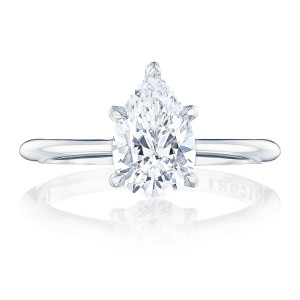 HT2580PS9x6W top view, pear shaped center stone point up on a slim polished white metal band