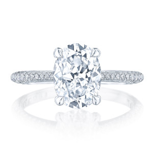 HT2581OV Platinum top view, oval center with hidden diamond collar and slender pave band in white metal