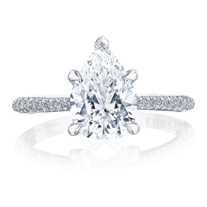 HT2581PS10x7W ring, top view of pear shaped center on a slim pave diamond band