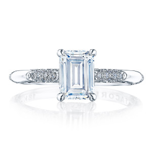 HT2582EC Platinum top view, emerald cut center on a slim band with alternating pave segments