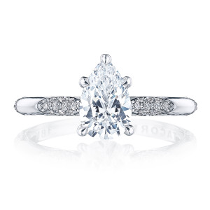 HT2582PS Platinum top view, pear cut center with leaf shaped pave stations on a white metal band