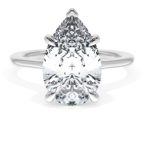 HT2584PS135x85 Platinum top view, pear shaped solitaire with v cap prong on a plain band