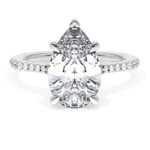 HT2585PS12x75W top view, pear shaped center stone with V tip cap on a slim white metal pave band