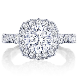 Tacori RoyalT HT2653CU8 18 karat white gold engagement ring with cushion-cut center and signature diamond bloom