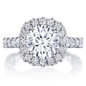 Tacori RoyalT HT2653CU9 18 karat white gold engagement ring with cushion-cut center and signature diamond bloom