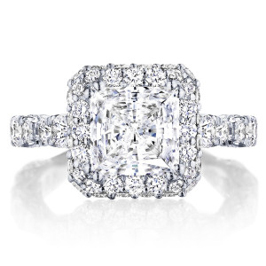 Tacori RoyalT HT2653PR75 platinum engagement ring with princess-cut center and double diamond bloom