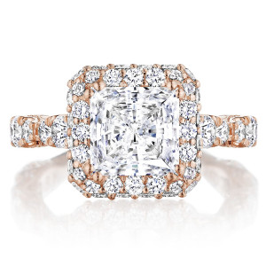 Tacori RoyalT 18 karat rose gold engagement ring with princess-cut center and double diamond bloom