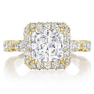 Tacori RoyalT 18 karat yellow gold engagement ring with princess-cut center and double diamond bloom