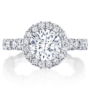 Tacori RoyalT HT2653RD8 18 karat white gold engagement ring with round center and double diamond bloom