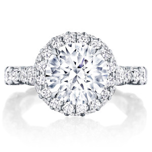 Tacori RoyalT HT2653RD9 18 karat white gold engagement ring with round center and double diamond bloom
