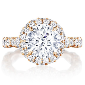 Tacori RoyalT 18 karat rose gold engagement ring with round center and double diamond bloom