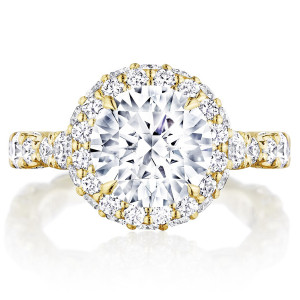 Tacori RoyalT 18 karat yellow gold engagement ring with round center and double diamond bloom