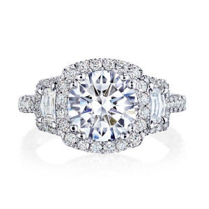 HT2677CU Platinum ring, top view of round center in a cushion shaped pave halo with step cut side stones