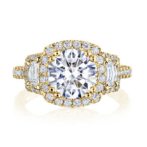 HT2677CU85Y top view of round center in a cushion shaped yellow gold halo with side stones