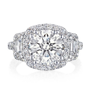 Tacori Petite Crescent platinum three-stone engagement ring with cushion-cut center and signature diamond bloom