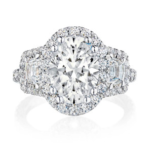 Tacori Petite Crescent platinum three-stone engagement ring with oval center and signature diamond bloom