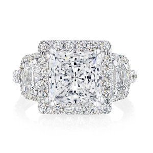 Tacori Petite Crescent platinum three-stone engagement ring with princess-cut center and signature diamond bloom