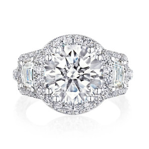 Tacori Petite Crescent platinum three-stone engagement ring with round center and signature diamond bloom
