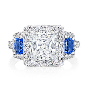 Tacori Petite Crescent platinum three-stone engagement ring with princess-cut center and blue sapphire side stones